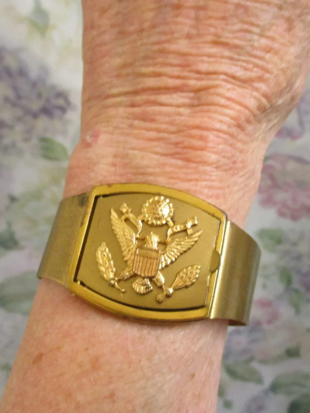 WWII US ARMY Hidden Locket Bracelet: Gold Matte Metal Hinged Military Cuff~ RARE